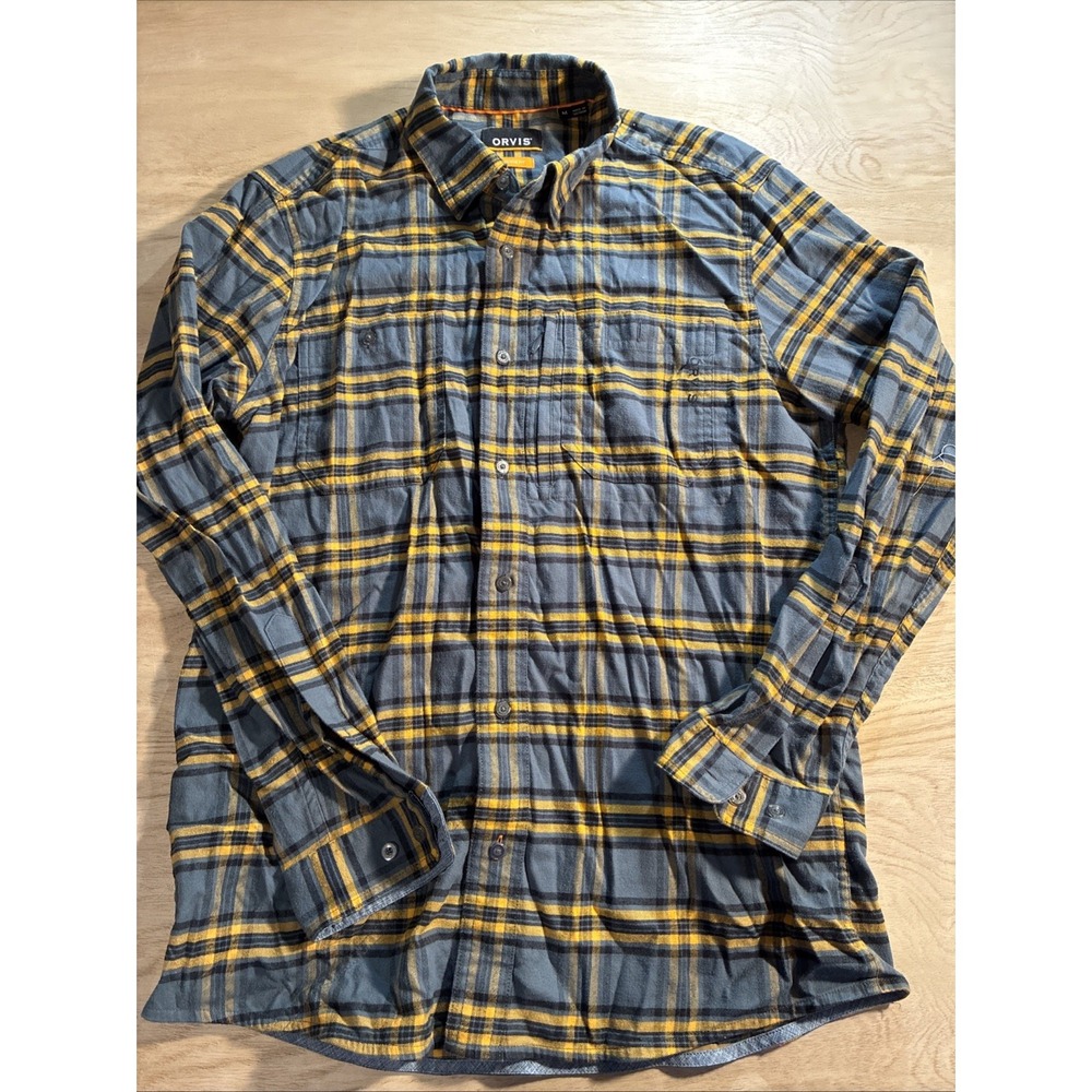 ORVIS Mens Plaid Warm‎ Flannel Shacket Active FitBlue Yellow Pockets Size Medium